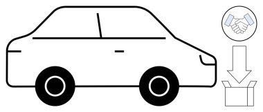 Basit bir arabanın yan görünüşü, anlaşmayı sembolize eden bir tokalaşma ikonu ve kutuyu gösteren bir ok. Otomotiv satışları, dağıtım, lojistik, ticaret, e-ticaret için ideal, basit düz metaforlar