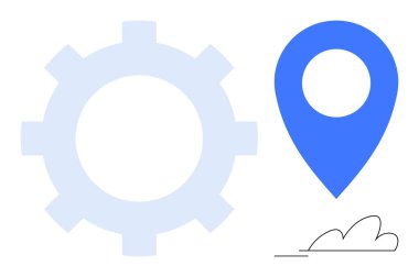 Bulut çizimi, teknoloji, navigasyon, yenilik, ilerleme, sistem entegrasyonu, verimlilik ve bağlantıyı temsil eden vites ve mavi konum belirleyicisi. Teknoloji konsepti ve otomasyon temaları için ideal