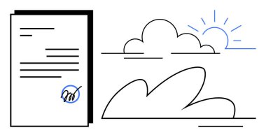 Bulutların yanında imzası olan bir sözleşme ve arka planda yükselen bir güneş. İletişim, anlaşma, ilerleme, iyimserlik, başarı, yeni başlangıç, fırsat için idealdir. Temiz ve basit düz metafor