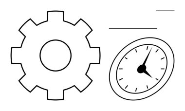 Vites ve analog saat takım çalışması, hassasiyet ve zaman verimliliğini gösteriyor. Üretkenlik, proje yönetimi, iş akışı, teslim tarihleri, performans, basit düz metafor planlaması için ideal