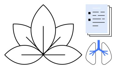 Nilüfer çiçeği dengeyi, akciğer grafiği sağlığı ve bilgiyi temsil eden belgeleri simgeler. Sağlık, sağlık, farkındalık, denge, tıp, öz bakım için ideal