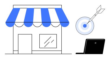 Dart tahtasının yanında çizgili tente ve hedef stratejisini vurgulayan ok ve modern iş aletlerini simgeleyen dizüstü bilgisayarı olan küçük bir dükkan. Pazarlama, perakende satış, girişimcilik ve e-ticaret için ideal