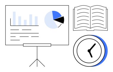 Tripod ekran, açık kitap ve saat üzerindeki çubuk grafik ve pasta grafiği analitik, okuma ve verimliliği vurgular. Eğitim, araştırma, işyeri, öğrenim alışkanlıkları için ideal tasarım basit