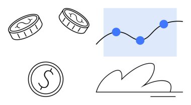 Sikkeler ve yükselen çizgi grafiği finansal büyümeyi, eğilimleri ve başarıyı sembolize eder. Finans, yatırım, iş, kâr analizi, ekonomik veri tasarrufu girişimciliği için idealdir. Basit düz metafor