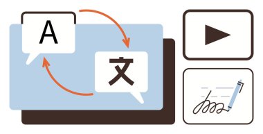 Konuşma baloncukları, dil simgeleri, aralarındaki oklar, çalma düğmesi, imzalı kalem. İletişim, çok dilli öğrenme, teknoloji, dijital araçlar, küresel bağlantı kullanıcı arayüzü için ideal