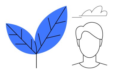 Açık damarlı mavi yapraklar, insan yüzü çizgileri ve tek bir bulut çizgisi. Doğa için ideal, eko-bilinç, sürdürülebilirlik, yenilenme, sadelik, temiz tasarım. Basit bir düz metafor.