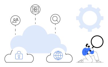 Veri güvenliği, çevrimiçi bağlantı, kullanıcı erişimi ve arama analizi için simgelerle bulut depolama. Araştırmacı verileri büyüteçle analiz ediyor. Bulut tabanlı hizmetler ve veri analizi için ideal