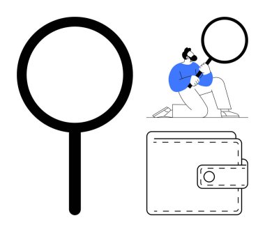 Büyüteç, büyük nesneleri incelemek için diz çöken kişi, cüzdan ikonu. Finansal analiz, tasarruf, dolandırıcılık tespiti, bütçe, araştırma, soruşturma için ideal basit düz metafor