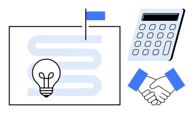 Bayrak, hesap makinesi ve el sıkışma görselleştirme planlama, yenilik, problem çözme, takım çalışması, finansal yönetim, hedef belirleme, anlaşmalar düz metafor