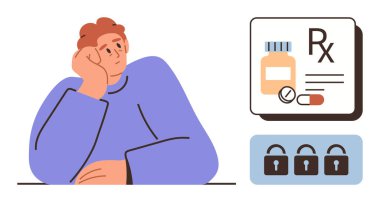 Reçeteli ilaçların detaylarına, ilaç şişesine ve kilitlere bakan düşünceli bir insan kısıtlı ulaşılabilirliği gösteriyor. Sağlık, erişim kontrolü, akıl sağlığı, güvenlik, karar verme, mahremiyet için ideal