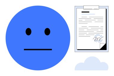 Mavi tarafsız yüz, imzalı belge ve bulut. Duygular, sözleşmeler, anlaşmalar, dijital depolama, çevrimiçi işlem verimliliği iletişimi için idealdir. Basit düz metafor