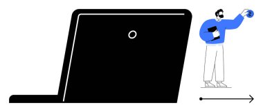 Küre ve dizüstü bilgisayarı elinde tutan kişi, çevrimiçi iletişimi, teknolojiyi, yeniliği ve öğrenmeyi vurguluyor. İş, eğitim, ağ, küresel bağlantı için ideal uzak çalışma teknolojisi gelişimi modern