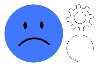 Mavi üzgün yüz, siyah yüz, vites sembolü ve dairesel ok. Hayal kırıklığı, verimsizlik, başarısızlık, sistem çöküşü, sorun çözen duygusal zorluklar iş akışı karışıklığı için idealdir. Basit.
