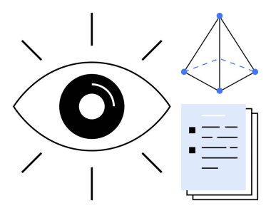 Geometrik veri grafiği ve belge yığını ile eşleştirilmiş görme duyusunu simgeleyen büyük bir göz simgesi. Araştırma, analiz, gözlem, anlayış, görüş, iletişim ve organizasyon kavramları için idealdir. Basit.