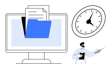 Dizin ve bilgisayar monitörü dosyaları, analog saat ve elinde defter tutan ve işaret eden bir figür. Zaman yönetimi, organizasyon, veri yönetimi, üretkenlik, eğitim, iş akışı için ideal basit