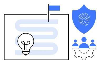 Ampul sarma yolunda, bayraklı kalkan, parmak izli kalkan, viteste bir grup insan. Yenilik, planlama, takım çalışması, güvenlik, liderlik yaratıcılık stratejisi için idealdir. Modern basit