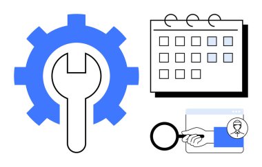 Ayarlar için vites ve ingiliz anahtarı, zaman çizelgesi için takvim ve arama için profil üzerinde büyüteç. Yönetim, planlama, görev izleme, sistem optimizasyonu, verimlilik, organizasyon için ideal