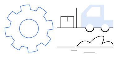 Minimum tasarıma karşı kargo taşıyan bir kamyonu temsil eden büyük dişli. Sanayi, lojistik, imalat, ulaşım, otomasyon, tedarik zinciri ve verimlilik için ideal. Basit düz