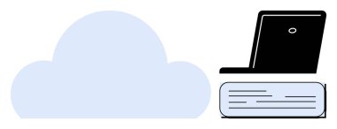 Bir sunucunun üstündeki dizüstü bilgisayarın yanında büyük bir bulut grafiği, bulut bilgisayarı, çevrimiçi depolama ve dijital altyapıyı temsil ediyor. Teknoloji, ağ, uzaktan çalışma, veri yedekleme ve bilişim için ideal