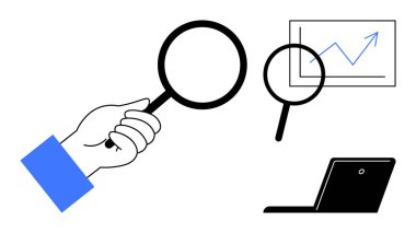 Başka bir büyüteç ve büyüme grafiği olan bilgisayar ekranının yanında el ele tutuşan büyüteç. Araştırma, veri analizi, büyüme, teknoloji, çalışma, yenilik ve keşif temaları için ideal. Basit.