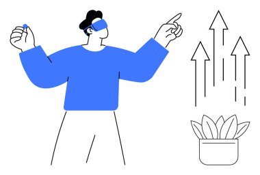 Sanal gerçeklik gözlüğü takan bir adam, yukarı doğru ok ve saksı bitkisine doğru hareket ederek, yeniliği, gelişimi, teknolojiyi, sürdürülebilirliği, gelecekteki eğilimleri, yaratıcılığı ve gelişimi simgeliyor.