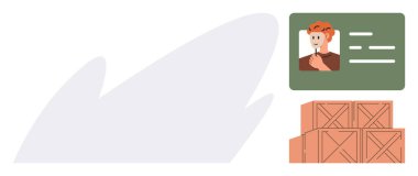 Üzerinde fotoğraf ve detaylar olan kimlik kartı, kimlik doğrulama ve lojistiği gösteren istiflenmiş sevkiyat kasaları. Güvenlik, nakliye, tedarik zinciri, belgeler, kimlik kontrolleri, depo için ideal