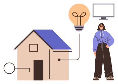 Evin yanındaki kadın anahtara, ampule ve monitöre bağlı. Teknoloji, yenilik, akıllı yaşam, ev otomasyonu, enerji verimliliği modernizasyon güvenliği için idealdir. Basit düz metafor