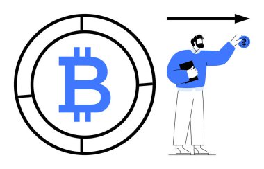 Bitcoin sembolü bölümlü bir çemberde, yanında bir ok ve defter tutan bir adam var. Kripto para birimi, yatırım, engelleme zinciri, iş, finans, teknoloji, dijital ekonomi için ideal