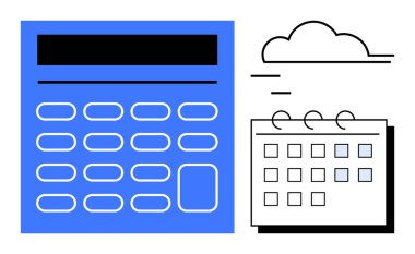 Üzerinde bulut olan bir takvim, hesaplama, tarih belirleme ve görev organizasyonu ile birlikte büyük bir dijital hesap makinesi. Finans, planlama, muhasebe, verimlilik, programlama için ideal