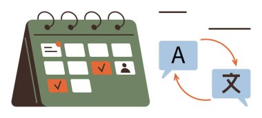 İşaretli tarihleri olan yeşil masa takvimi, farklı dillerde mektuplaşan konuşma baloncuklarıyla eşleştirilmiş. Planlama, çeviri, çok dilli projeler, zaman yönetimi ve küresel için ideal