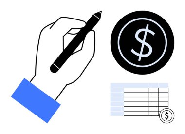 El ele tutuşan kalem, siyah daire şeklinde dolar sembolü ve madeni para simgesiyle çizilmiş hesap tablosu. Muhasebe, bütçe, finans, planlama, para yönetimi, yatırım ve basitlik metaforu için ideal