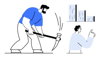 Kazmayla çekiç sallayan bir adam, büyüme çizelgesini inceleyen bir yönetici. İlerleme, emek, takım çalışması, strateji, üretkenlik, madencilik işi başarı kavramları için idealdir. Modern basit düz metafor