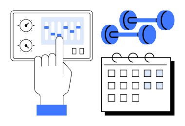 El, fitness kontrol panelini mavi halterlerin ve takvim ızgarasının yanına ayarlar. Fitness planı, hedef belirleme, egzersiz özelleştirme, yaşam tarzı yönetimi, kişisel eğitim, zaman yönetimi için ideal