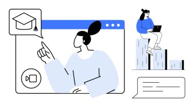 Mezuniyet ikonu, bar grafiğinde dizüstü bilgisayarlı öğrenci ve sohbet baloncuğu içeren çevrimiçi platformla etkileşim halinde olan bir kadın. E-öğrenim, uzaktan eğitim, başarı ve sanal iletişim için ideal