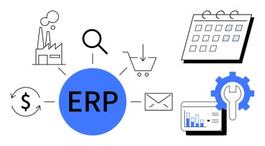Merkezi ERP bağlantı merkezi, takvim, analitik, e-posta, alışveriş arabası, dolar işareti, büyüteç. İş yönetimi için ideal, otomasyon lojistik finans stratejisi planlama