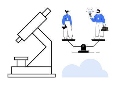 Mikroskop, bir ampulle yenilikleri tartışan iki profesyonelin yanında. Bilim, takım çalışması, strateji, yenilik, eşitlik, iş kararları, araştırma işbirliği için ideal