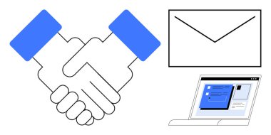 Anlaşmayı sembolize eden tokalaşma, mesajlaşma için zarf ve iletişim arayüzünü gösteren dizüstü bilgisayar. Ortaklık, iletişim, takım çalışması, bağlantı, müzakere, profesyonellik için ideal