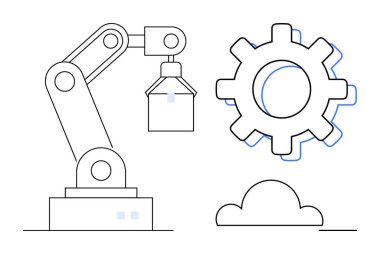 Bir kutu, vites sembolü ve bulut simgesi tutan robot kol otomasyonu, endüstriyel tasarımı, yapay zekayı, bulut hesaplamasını, mühendisliği, verimliliği ve gelecekteki teknolojiyi simgeler. Modern teknoloji için ideal