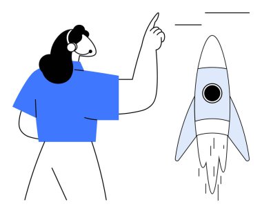 Kendine güvenen bir kadın, dumanlı bir roketi işaret ediyor. Yenilik, başlangıç büyümesi, planlama, başarı, liderlik, yaratıcılık ve iş geliştirme kavramları için idealdir. Basit bir daire.