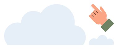 İki bulut şekline yönelik el hareketleri, bulut hesaplamasını, çevrimiçi depolamayı, kararları veya teknik etkileşimleri sembolize eder. Teknoloji, eğitim, yenilik ve bağlantı veri paylaşımı için ideal