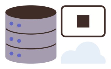 Veritabanı, dijital depolamayı ve bilgisayarı sembolize eden monitör destekli sunucu ve bulut simgesinin yanında. Veri yönetimi, bulut çözümleri, sunucu, bilgisayar ve teknoloji için ideal