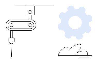 Matkap aletli robot kol, büyük teçhizat ve soyut bitki şekli. Otomasyon, makine, robot, eko-yenilik, sürdürülebilirlik gelecek teknoloji ve endüstriyel verimlilik için idealdir. Basit.