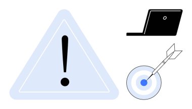 Geniş uyarı üçgeni, dizüstü bilgisayar ve oklu hedef, dikkat, teknoloji kullanımı ve hedefe ulaşmayı vurguluyor. Strateji, risk yönetimi, üretkenlik, güvenlik ilerleme dijital araçları için ideal