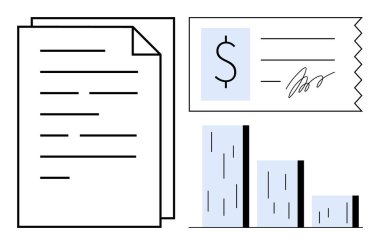 Evraklar, dolar işaretli imzalı makbuz ve istatistiksel analiz gösteren çizelge. Muhasebe, muhasebe, finans, raporlama, işletme yönetimi, veri analizi ve bütçe için ideal