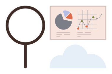Büyüteç, pasta ve çizgi grafikli veri grafikleri, araştırmayı, analitiği ve teknolojiyi sembolize eden bulut. İş dünyası, istatistik, pazar eğilimleri, araştırma bulutu hesaplama anlayışı için ideal