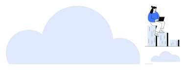 Bar grafiğinde oturan, dizüstü bilgisayarda çalışan, arkasında büyük bir bulut olan bir kadın. Veri analizi, bulut hesaplama, teknoloji, uzak çalışma, yenilik, büyüme ve bağlantı için ideal