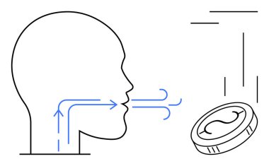 İnsan silueti, hareket çizgileri kullanarak düşen bir madeni paraya doğru hava akımını yönlendiriyor. İletişim, konuşma, ekonomi, seçim, karar verme, nüfuz, soyut düşünce için ideal