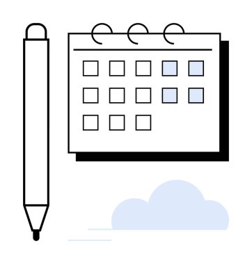 Seçilen tarihlerin işaretlendiği bir takvimin minimalist tasarımı, bir kalem ve bir bulut. Program, zaman yönetimi, hatırlatıcılar, verimlilik, etkinlik planlaması, organizasyon ve iş hayatı için ideal