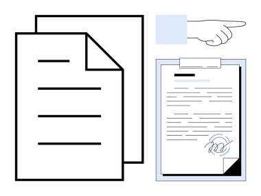 Üzerinde yazılı metin ve imza olan kağıtlar ve panolar. Yanında da işaret eden bir el var. İş akışı, anlaşma, onay, onay süreci, işletme, sözleşme yönetimi için ideal, basit düz metafor