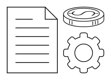 Metin satırlı belge, dolar işaretli bozuk para ve dişli taslak. İş, finans, planlama, strateji, takım çalışması verimlilik ve yenilik için idealdir. Basit düz metafor